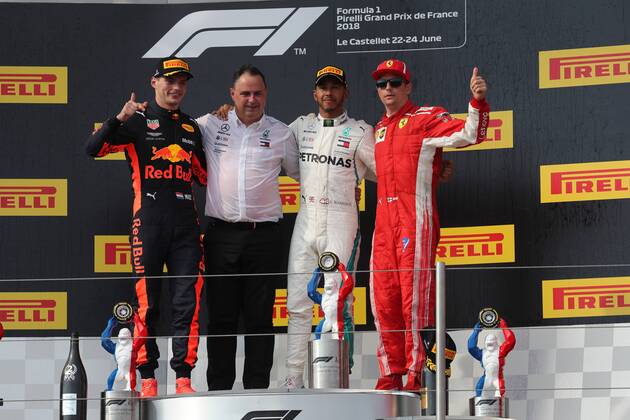Photo4 LaPresse 24 06 2018 Paul Ricard, France Grand Prix Formula One France 2018 In the pic: Podium, winner Lewis Hamilton (GBR) Mercedes AMG F1 W09 , 2nd Max Verstappen (NED) Red Bull Racing RB14, 3rd Kimi Raikkonen (FIN) Scuderia Ferrari SF71H  Copyright: xPhoto4 LaPressex