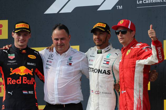 Photo4 LaPresse 24 06 2018 Paul Ricard, France Grand Prix Formula One France 2018 In the pic: Podium, winner Lewis Hamilton (GBR) Mercedes AMG F1 W09 , 2nd Max Verstappen (NED) Red Bull Racing RB14, 3rd Kimi Raikkonen (FIN) Scuderia Ferrari SF71H  Copyright: xPhoto4 LaPressex