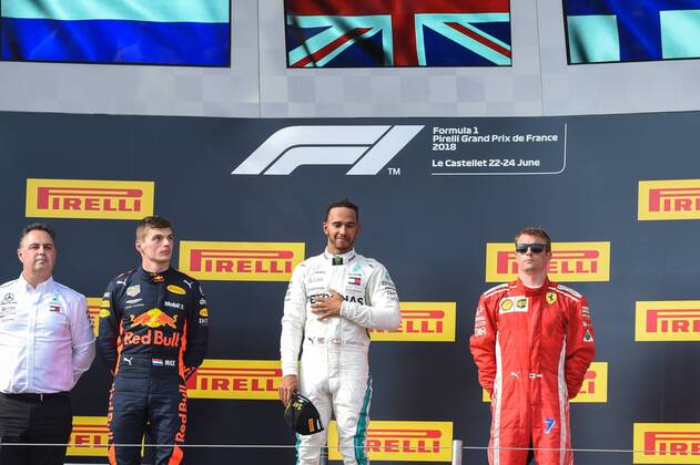 Race winner Lewis Hamilton (GBR) Mercedes-AMG F1 celebrates on the podium at Formula One World Championship WM Weltmeisterschaft Rd8, French Grand Prix, Race, Paul Ricard, France, Sunday 24 June 2018. FORMULE 1 : Grand Prix de France - Circuit Paul-Ricard - 24 06 2018 LionelUrman Panoramic 