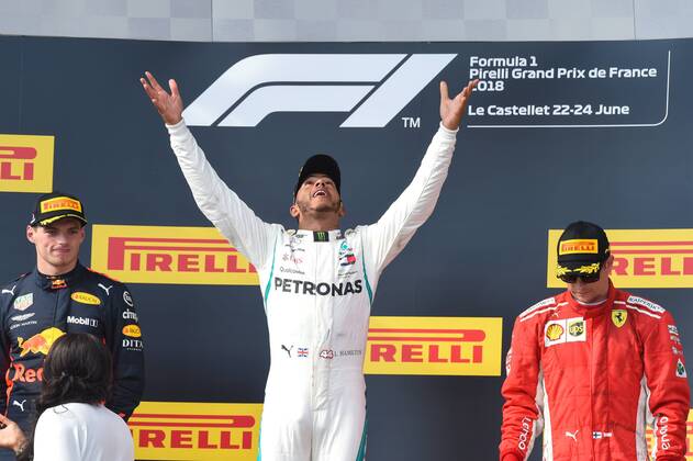 Race winner Lewis Hamilton (GBR) Mercedes-AMG F1 celebrates on the podium at Formula One World Championship WM Weltmeisterschaft Rd8, French Grand Prix, Race, Paul Ricard, France, Sunday 24 June 2018. FORMULE 1 : Grand Prix de France - Circuit Paul-Ricard - 24 06 2018 LionelUrman Panoramic 