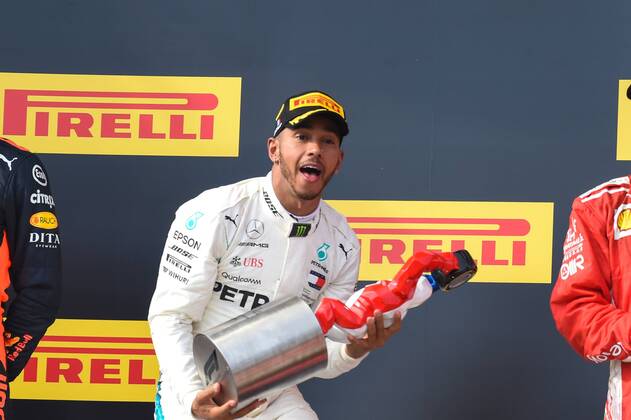 Race winner Lewis Hamilton (GBR) Mercedes-AMG F1 celebrates on the podium at Formula One World Championship WM Weltmeisterschaft Rd8, French Grand Prix, Race, Paul Ricard, France, Sunday 24 June 2018. FORMULE 1 : Grand Prix de France - Circuit Paul-Ricard - 24 06 2018 LionelUrman Panoramic 