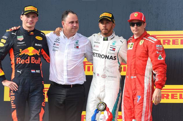 Race winner Lewis Hamilton (GBR) Mercedes-AMG F1 celebrates on the podium at Formula One World Championship WM Weltmeisterschaft Rd8, French Grand Prix, Race, Paul Ricard, France, Sunday 24 June 2018. FORMULE 1 : Grand Prix de France - Circuit Paul-Ricard - 24 06 2018 LionelUrman Panoramic 