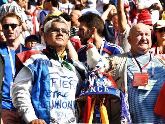 French fans show their support for France in the Group C match against Denmark during the 2018 FIFA World Cup WM Weltmeisterschaft Fussball in Moscow, Russia, 26 June 2018. For 37 games, the one certainty at this World Cup had been goals. Every game had produced at least one: a powerful header, a slick backheel, a well-shaped free kick. Mexican goals and Brazilian goals and lots and lots of Russian, Belgian and English goals. But through it all, the tournament had not produced a single scoreless tie ¡ª until Tuesday, when France and Denmark slogged through 90 torpid minutes at the Luzhniki Stadium here, and the streak ¡ª the longest without a 0-0 tie to start a World Cup in its history ¡ª was over. Not that the French, who had already clinched a spot in the round of 16, or the Danes for that matter, will complain. Their 0-0 draw, combined with Peru¡¯s 2-0 win over Australia, sent France through to the knockout round as the group winner, with Denmark as the runner-up. France and Denmark advance after World Cup s first 0-0 draw 20180627_02130