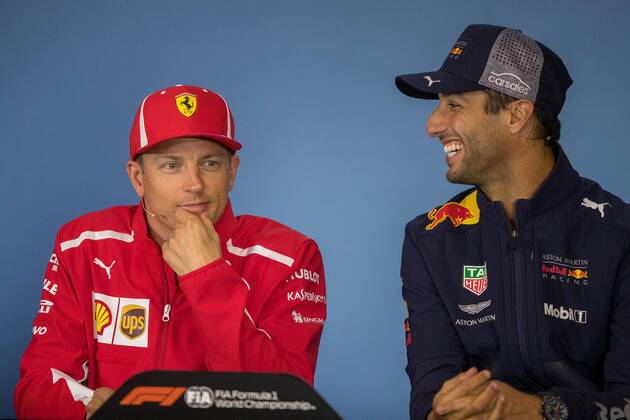 28 06 2018 Red Bull Ring Spielberg AUT FIA Formula 1 Grand Prix of Austria Prev reports im Bild Kimi Raeikkoenen FIN Scuderia Ferrari Daniel Ricciardo AUS Red Bull Racing Finnish Formula One driver Kimi Raeikkoenen of Scuderia Ferrari Australian Formula One drive Daniel Ricciardo of Red Bull Racing during preparations of the Austrian FIA Formula One Grand Prix at the Red Bull Ring at Spielberg France on 2018 06 28 Spielberg  EX_ANG