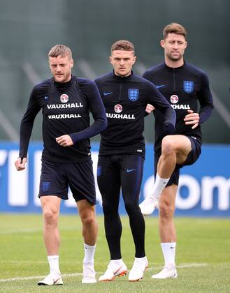 England Training Jamie Vardy of England, Kieran Trippier of England and Gary Cahill of England during training at Stadium Spartak , England?s training base, Zelenogorsk Content Not Available For UK Newspapers Copyright: xPaulxChestertonx FIL-11974-0008