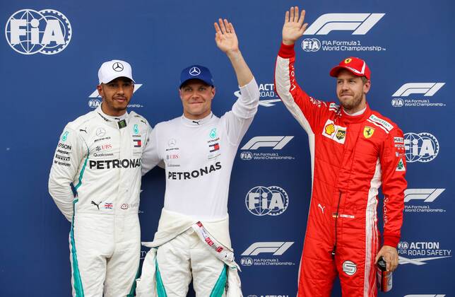 FORMULA 1 - GP of Austria 2018 PIELBERG,AUSTRIA,30.JUN.18 - MOTORSPORTS, FORMULA 1 - Grand Prix of Austria, Red Bull Ring, qualifying. Image shows Lewis Hamilton (GBR Mercedes), Valtteri Bottas (FIN Mercedes) and Sebastian Vettel (GER Ferrari). GEPAxpictures xMaticxKlansek