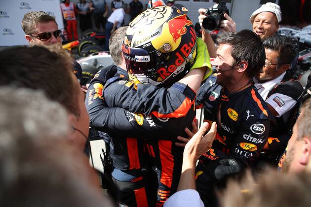 FORMULA 1 - GP of Austria 2018 SPIELBERG,AUSTRIA,01.JUL.18 - MOTORSPORTS - Grand Prix of Austria, Red Bull Ring. Image shows the rejoicing of Max Verstappen (NED Aston Martin Red Bull Racing). GEPAxpictures xAndreasxPranter