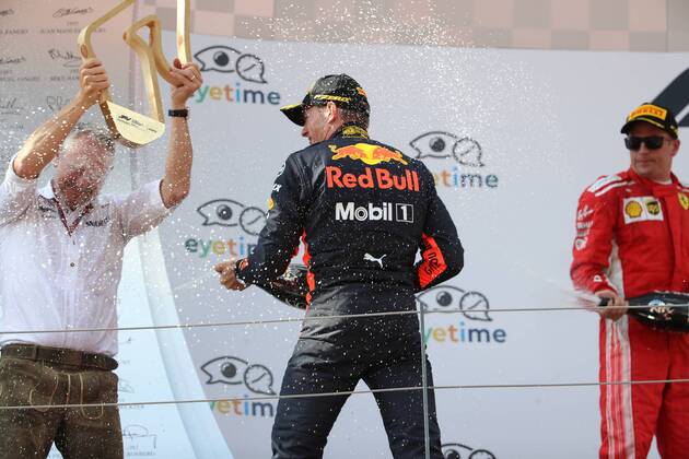 FORMULA 1 - GP of Austria 2018 SPIELBERG,AUSTRIA,01.JUL.18 - MOTORSPORTS - Grand Prix of Austria, Red Bull Ring. Image shows the rejoicing of Jonathan Wheatley (Red Bull Racing), the rejoicing of Max Verstappen (NED Aston Martin Red Bull Racing) and Kimi Raikkoenen (FIN Ferrari). GEPAxpictures xAndreasxPranter
