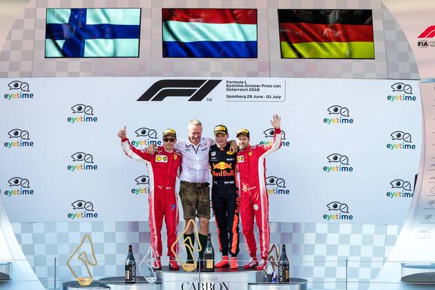 FORMULA 1 - GP of Austria 2018 SPIELBERG,AUSTRIA,01.JUL.18 - MOTORSPORTS - Grand Prix of Austria, Red Bull Ring. Image shows the rejoicing of Kimi Raikkoenen (FIN Ferrari), the rejoicing of team manager Jonathan Wheatley (Red Bull Racing), the rejoicing of Max Verstappen (NED Red Bull Racing) and the rejoicing of Sebastian Vettel (GER Ferrari). GEPAxpictures xMaticxKlansek
