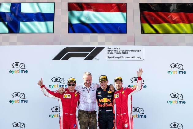 FORMULA 1 - GP of Austria 2018 SPIELBERG,AUSTRIA,01.JUL.18 - MOTORSPORTS - Grand Prix of Austria, Red Bull Ring. Image shows the rejoicing of Kimi Raikkoenen (FIN Ferrari), the rejoicing of team manager Jonathan Wheatley (Red Bull Racing), the rejoicing of Max Verstappen (NED Red Bull Racing) and the rejoicing of Sebastian Vettel (GER Ferrari). GEPAxpictures xMaticxKlansek