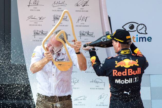 FORMULA 1 - GP of Austria 2018 SPIELBERG,AUSTRIA,01.JUL.18 - MOTORSPORTS - Grand Prix of Austria, Red Bull Ring. Image shows the rejoicing of team manager Jonathan Wheatley (Red Bull Racing)) and the rejoicing of Max Verstappen (NED Red Bull Racing). GEPAxpictures xMaticxKlansek