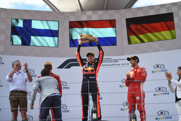 Max Verstappen Aston Martin Red Bull Racing celebrates on the podium Formula 1 Grand Prix of Austria Red Bull Ring 01 07 2018 2018 Formula 1 Grand Prix of Austria Red Bull Ring 01 07 2018 Spielberg Copyright: xEIBNER Florian_Schustx EP_SCHUST