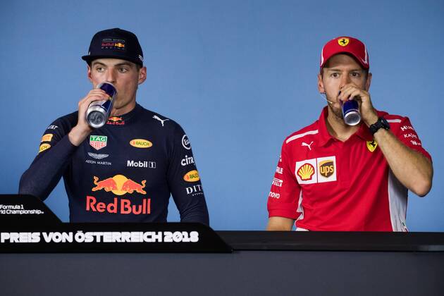 FORMULA 1 - GP of Austria 2018 SPIELBERG,AUSTRIA,01.JUL.18 - MOTORSPORTS - Grand Prix of Austria, Red Bull Ring. Image shows Max Verstappen (NED Red Bull Racing) and Sebastian Vettel (GER Ferrari). GEPAxpictures xDanielxGoetzhaber