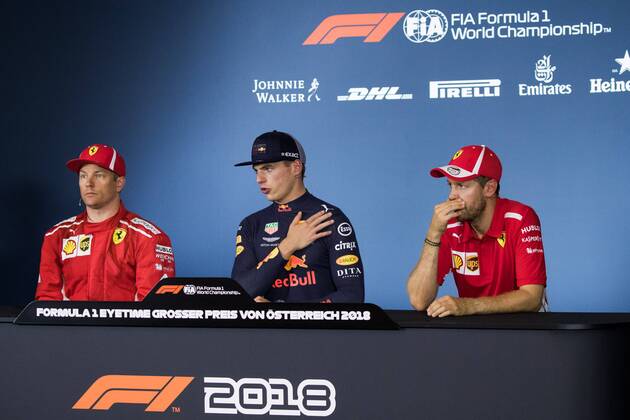FORMULA 1 - GP of Austria 2018 SPIELBERG,AUSTRIA,01.JUL.18 - MOTORSPORTS - Grand Prix of Austria, Red Bull Ring. Image shows Kimi Raikkoenen (FIN Ferrari), Max Verstappen (NED Red Bull Racing) and Sebastian Vettel (GER Ferrari). GEPAxpictures xDanielxGoetzhaber