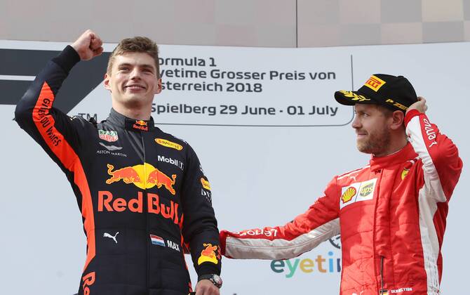 MOTORSPORTS - The Flying Bulls Air Show SPIELBERG,AUSTRIA,01.JUL.18 - MOTORSPORTS - The Flying Bulls Air Show. Image shows Max Verstappen (NED Red Bull Racing) and Sebastian Vettel (GER Ferrari). GEPAxpictures xAndreasxPranter