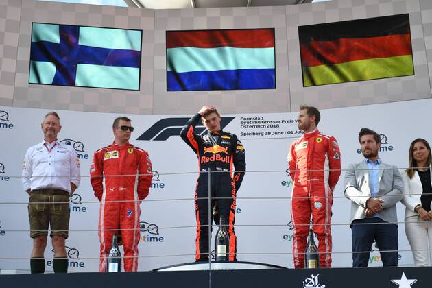 Aston Martin Red Bull Racing and Sebastian Vettel Scuderia Ferrari at the award ceremony Formula 1 Grand Prix of Austria Red Bull Ring 01 07 2018 2018 Formula 1 Grand Prix of Austria Red Bull Ring 01 07 2018 Spielberg Copyright: xEIBNER Florian_Schustx EP_SCHUST