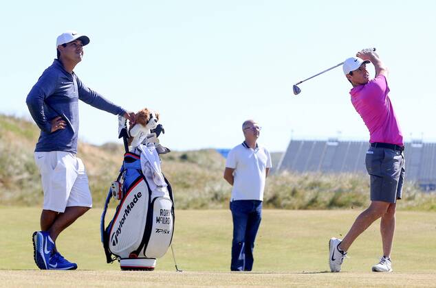 2018 Dubai Duty Free Irish Open Practice Day, Ballyliffin Golf Club, Co. Donegal 3 7 2018 Rory McIlroy and caddy Harry Diamond Rory McIlroy and Harry Diamond 3 7 2018  Copyright: x©INPHO OisinxKeniryx MT2_3494