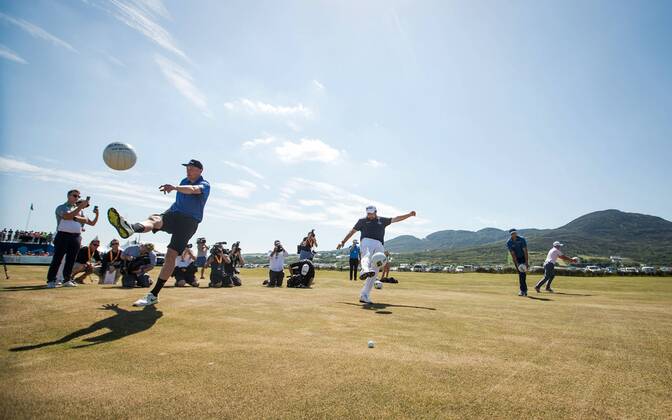 2018 Dubai Duty Free Irish Open - Pro Am, Ballyliffin Golf Club, Co. Donegal 4 7 2018 Kieran Donaghy, Michael Murphy, Shane Lowry and Paul Dunne at the GAA Challenge Kieran Donaghy, Michael Murphy, Shane Lowry and Paul Dunne at the GAA Challenge 4 7 2018 Copyright: x©INPHO OisinxKeniryx MT2_4499