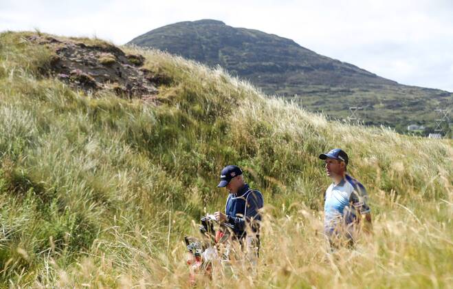 2018 Dubai Duty Free Irish Open - Day 1, Ballyliffin Golf Club, Co. Donegal 5 7 2018 Padraig Harringron with caddy Ronan Flood on the 18th hole Padraig Harringron with caddy Ronan Flood 5 7 2018  Copyright: x©INPHO OisinxKeniryx OSH_4864