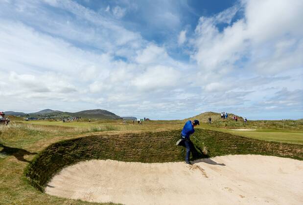 2018 Dubai Duty Free Irish Open - Day 1, Ballyliffin Golf Club, Co. Donegal 5 7 2018 Padraig Harrington hits out of a bunker on the eighth hole Padraig Harrington hits out of a bunker on the eighth hole 5 7 2018  Copyright: x©INPHO OisinxKeniryx MT2_4903A