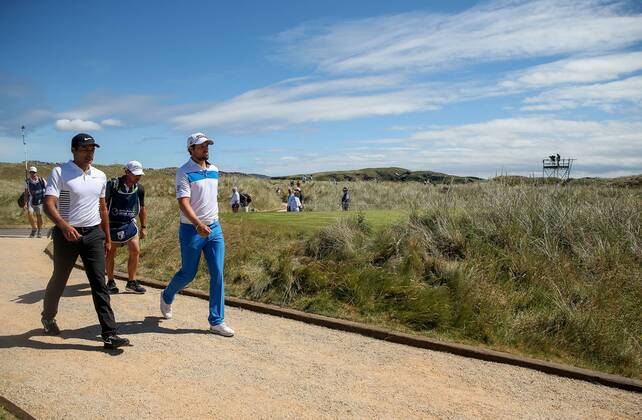 2018 Dubai Duty Free Irish Open - Day 2, Ballyliffin Golf Club, Co. Donegal 6 7 2018 Peter Uihlein and Julian Suri walk down the 17th hole Peter Uihlein and Julian Suri walk down the 17th hole 6 7 2018  Copyright: x©INPHO OisinxKeniryx MT2_5532