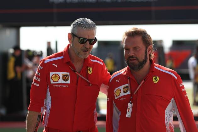 8th July 2018, Silverstone Circuit, Silverstone, England; British Formula One Grand Prix, Race Day; Gino Rosato, Corporate Affairs and Maurizio Arrivabene, Managing Director and Team Principal of Scuderia Ferrari  ActionPlus12045413 Octane