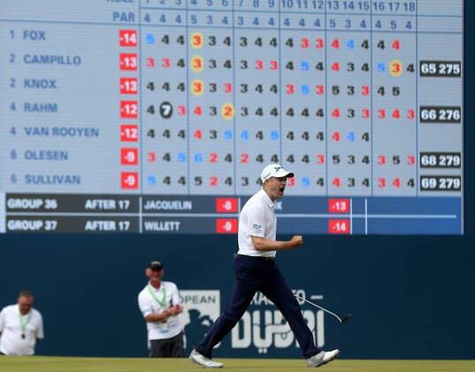 Sport - Bilder des Tages 2018 Dubai Duty Free Irish Open, Ballyliffin Golf Club, Co. Donegal 8 7 2018 Russell Knox celebrates his winning putt on the 18th after a play-off Russell Knox celebrates his winning putt on the 18th after a play-off 8 7 2018  Copyright: x©INPHO OisinxKeniryx MT2_8370