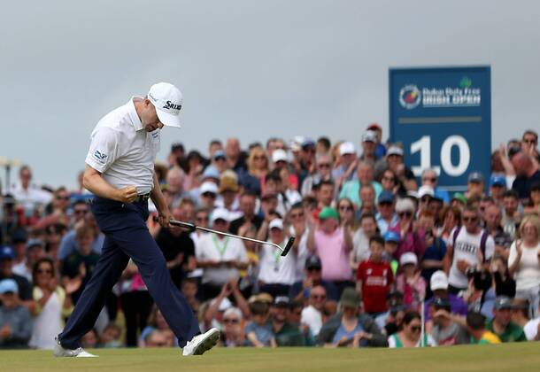 2018 Dubai Duty Free Irish Open, Ballyliffin Golf Club, Co. Donegal 8 7 2018 Russell Knox celebrates his winning putt on the 18th after a play-off Russell Knox celebrates his winning putt on the 18th after a play-off 8 7 2018  Copyright: x©INPHO OisinxKeniryx MT2_8373