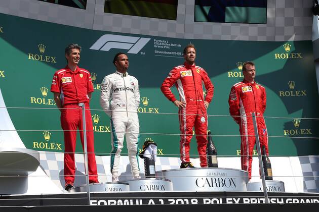 Photo4 LaPresse 08 07 2018 Silverstone, England Grand Prix Formula One England 2018 In the pic: Podium, winner Sebastian Vettel (GER) Scuderia Ferrari SF71H, 2nd place Lewis Hamilton (GBR) Mercedes AMG F1 W09 3rd place Kimi Raikkonen (FIN) Scuderia Ferrari SF71H  Copyright: xPhoto4 LaPressex
