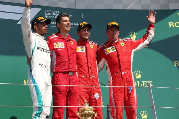 Photo4 LaPresse 08 07 2018 Silverstone, England Grand Prix Formula One England 2018 In the pic: Podium, winner Sebastian Vettel (GER) Scuderia Ferrari SF71H, 2nd place Lewis Hamilton (GBR) Mercedes AMG F1 W09 3rd place Kimi Raikkonen (FIN) Scuderia Ferrari SF71H  Copyright: xPhoto4 LaPressex