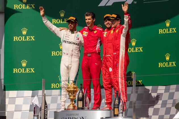 8th July 2018, Silverstone Circuit, Silverstone, England; British Formula One Grand Prix, Race Day; The podium. Scuderia Ferrari driver Sebastian Vettel, Mercedes AMG Petronas Motorsport driver Lewis Hamilton and Scuderia Ferrari driver Kimi Raikkonen  ActionPlus12045550 TimxWilliams