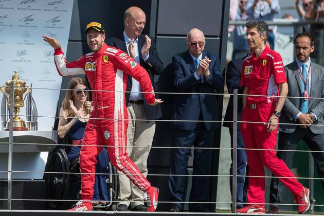 Sebastian Vettel Scuderia Ferrari after winning the UK Grand Prix GBR FIA Formula 1 Grand Prix of Great Britain Race Silverstone Copyright: xEIBNER Illmannx EP_EER
