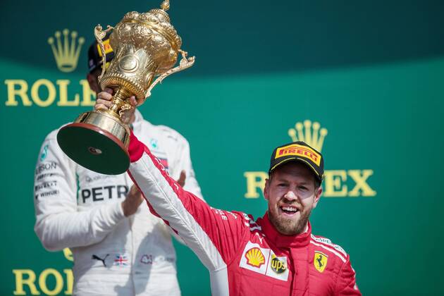 Sebastian Vettel Scuderia Ferrari after winning the UK Grand Prix GBR FIA Formula 1 Grand Prix of Great Britain Race Silverstone Copyright: xEIBNER Illmannx EP_EER