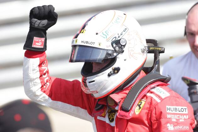 Photo4 LaPresse 08 07 2018 Silverstone, England Grand Prix Formula One England 2018 In the pic: Celebration in parc fermee, Sebastian Vettel (GER) Scuderia Ferrari SF71H  Copyright: xPhoto4 LaPressex