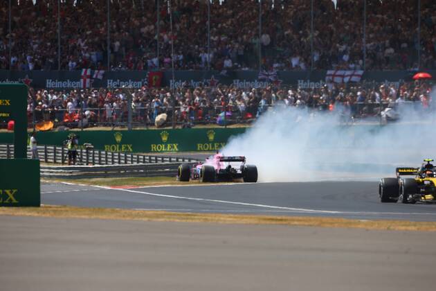 Photo4 LaPresse 08 07 2018 Silverstone, England Grand Prix Formula One England 2018 In the pic: Race, Sergio Perez (MEX) Sahara Force India F1 VJM11 spin  Copyright: xPhoto4 LaPressex