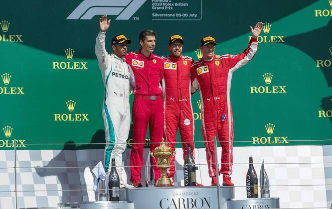 lr Lewis Hamilton Mercedes AMG Petronas Formula One Team Claudio Albertini Scuderia Ferrari Sebastian Vettel Scuderia Ferrari Kimi Raikkoenen Scuderia Ferrari GBR FIA Formula 1 Grand Prix of Great Britain Race Silverstone Copyright: xEIBNER Illmannx EP_EER