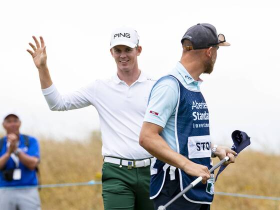 15th July 2018, Gullane Golf Club, Gullane, Scotland; Aberdeen Investments Scottish Open Golf, 4th round; Brandon Stone acknowledging crowd after eagle putt on the 16th as he headed for a closing round 60  ActionPlus12048146 AlanxRennie