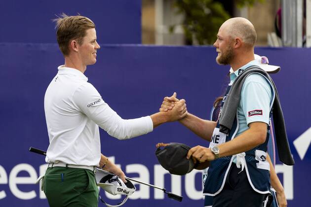 15th July 2018, Gullane Golf Club, Gullane, Scotland; Aberdeen Investments Scottish Open Golf, 4th round; Brandon Stone with caddy after his round with a closing round 60  ActionPlus12048156 AlanxRennie