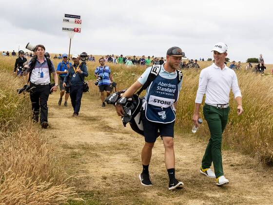 15th July 2018, Gullane Golf Club, Gullane, Scotland; Aberdeen Investments Scottish Open Golf, 4th round; Brandon Stone looking relaxed walking down to the 18th fairway with caddy with a closing round 60  ActionPlus12048158 AlanxRennie
