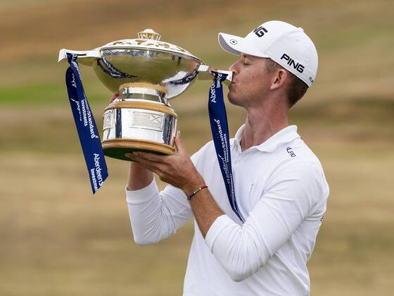 15th July 2018, Gullane Golf Club, Gullane, Scotland; Aberdeen Investments Scottish Open Golf, 4th round; Brandon Stone with the Aberdeen Investments Scottish Open Golf Trophy after winning with a score of -20  ActionPlus12048169 AlanxRennie