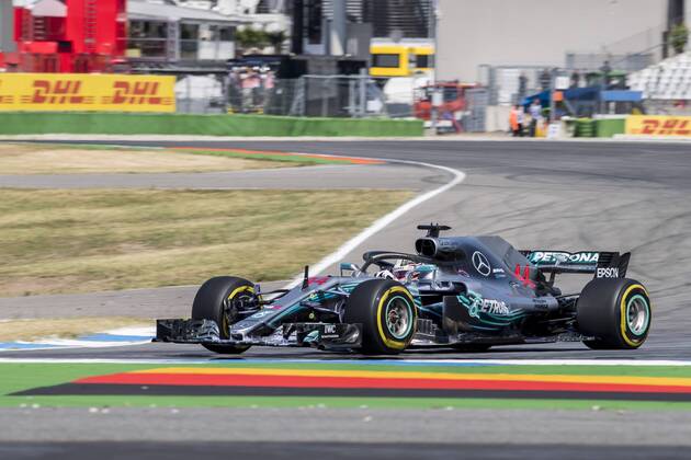 Motorsport Formula 1 season 2018 2019 Training on Friday 20 07 2018 at the Hockenheimring in Hockenheim Germany Lewis Hamilton Mercedes AMG Petronas turns onto the start goal straight Copyright: xInderliedx