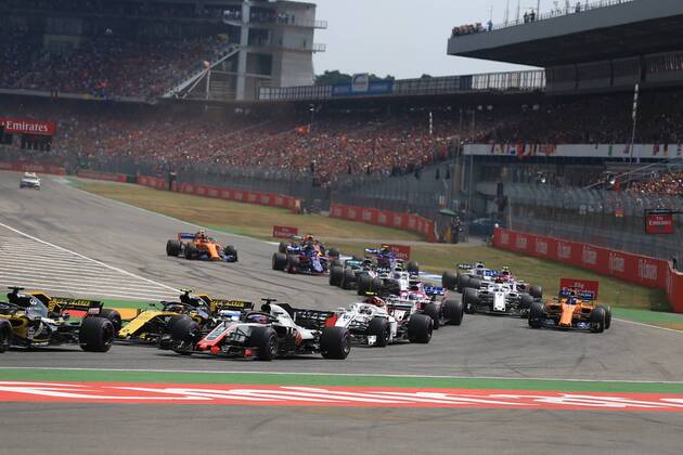 22nd July 2018, Hockenheimring, Hockenheim, Germany; German Formula One Grand Prix, Race Day; Haas F1 Team, Romain Grosjean through turn 1  ActionPlus12049695 Octane