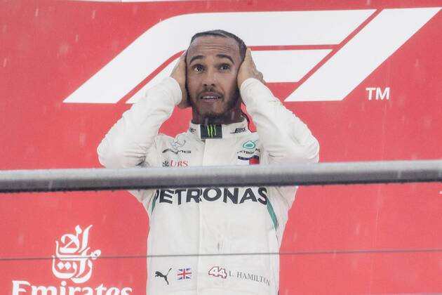 Motorsport Formula 1 Season 2018 2019 Race on Sunday 22 07 2018 at the Hockenheimring in Hockenheim Germany Lewis Hamilton Mercedes AMG Petronas beats his hands behind his head on the podium Copyright: xInderliedx