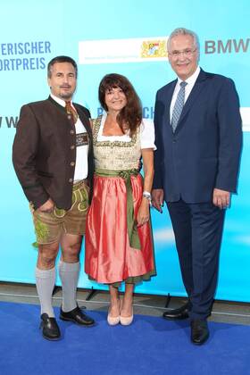 Georg Schorsch Hackl with girlfriend Kornelia Koller and Joachim Herrmann Bavarian Sports Award 2018 in the BMW World in Munich on 21 07 2018
