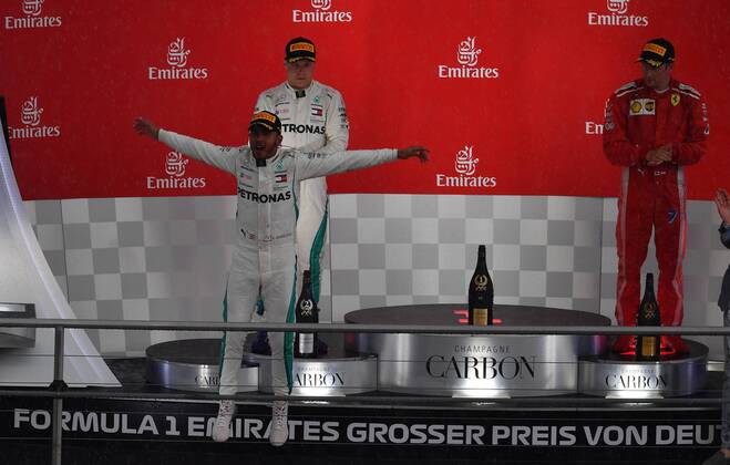 Lewis Hamilton Valtteri Bottas Mercedes Grand Prix Kimi Raiikkoenen Scuderia Ferrari Formula 1 GP Germany at Hockenheim 22 07 2018 Photo mspb Jerry Andre Podium Lewis Hamilton Valtteri Bottas Kimi Raikkoenen formula 1 GP Germany 2018