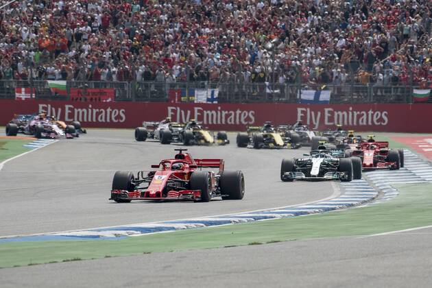 Motorsport Formula 1 season 2018 2019 race on Sunday 22 07 2018 at the Hockenheimring in Hockenheim Germany Sebastian Vettel Scuderia Ferrari turns first in the curve after the start Copyright: xInderliedx