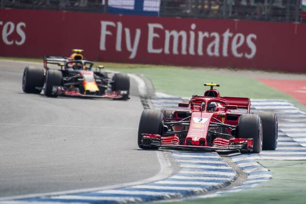 Motorsport Formula 1 Season 2018 2019 Race on Sunday 22 07 2018 at the Hockenheimring in Hockenheim Germany Kimi Raikkonen Scuderia Ferrari drives in front of Max Verstappen Aston Martin Red Bull Racing Copyright: xInderliedx