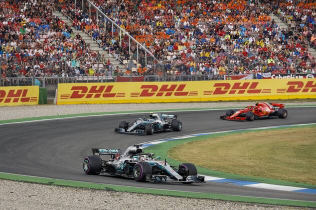 Motorsports: FIA Formula One World Championship WM Weltmeisterschaft 2018, Grand Prix of Germany, 44 Lewis Hamilton (GBR, Mercedes AMG Petronas Motorsport), 77 Valtteri Bottas (FIN, Mercedes AMG Petronas Motorsport), 7 Kimi Raikkonen (FIN, Scuderia Ferrari), Hockenheim Germany