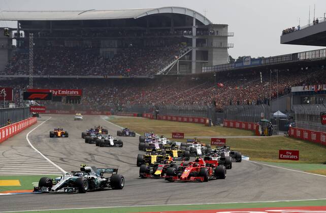 Motorsports: FIA Formula One World Championship WM Weltmeisterschaft 2018, Grand Prix of Germany, Start, 77 Valtteri Bottas (FIN, Mercedes AMG Petronas Motorsport), 7 Kimi Raikkonen (FIN, Scuderia Ferrari), 33 Max Verstappen (NLD, Aston Martin Red Bull Racing), Hockenheim Germany