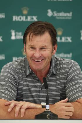 25th July 2018, Old Course at St Andrews, St Andrews, Scotland; The 2018 Senior Open Golf Championships, practice day; Sir Nick Faldo (ENG) talks to the media early in the day  ActionPlus12050317 AlanxMartin